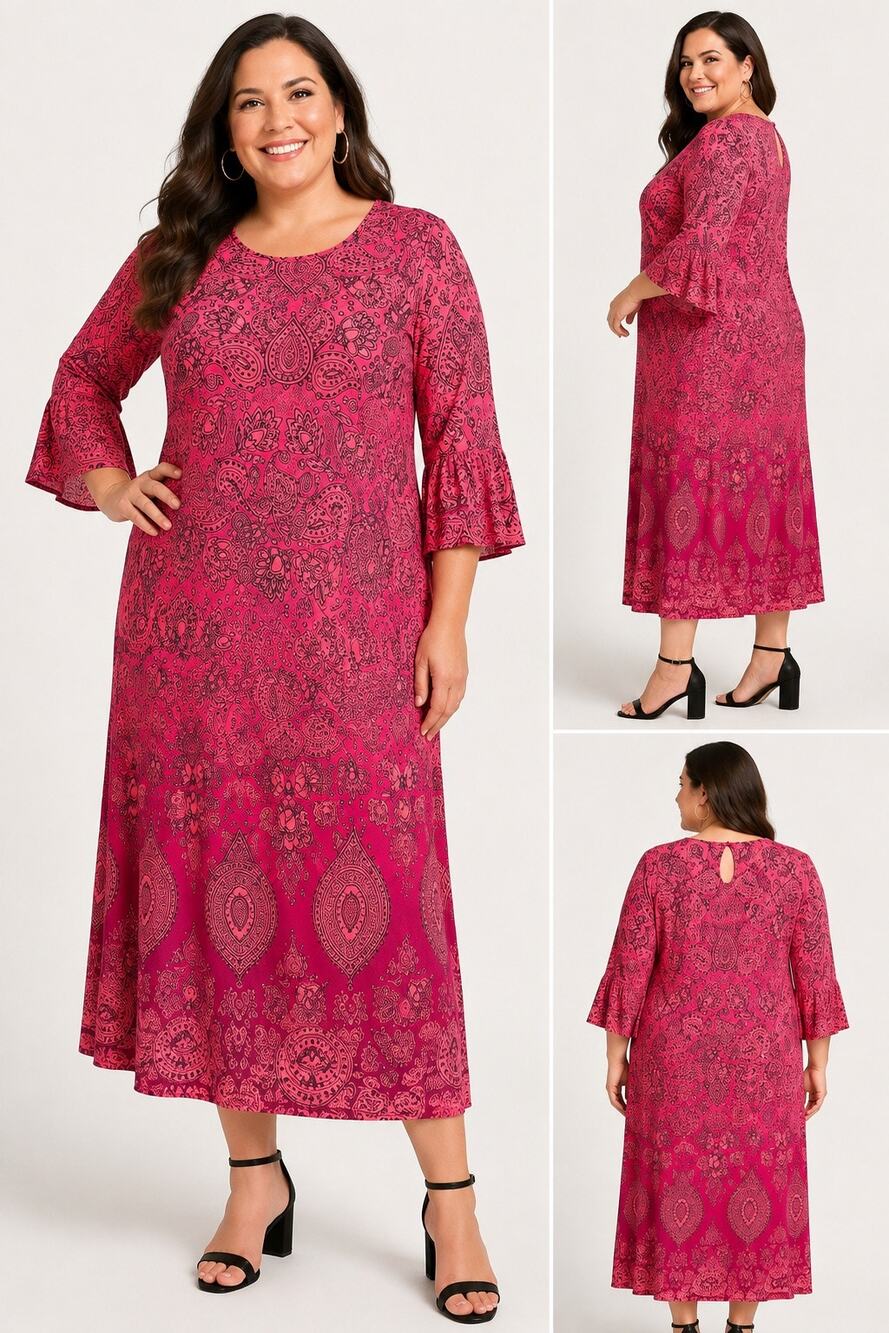 Catherines Coral Pink Paisley Maxi Dress, 3/4 Sleeve Stretch, Plus Size 18/20W